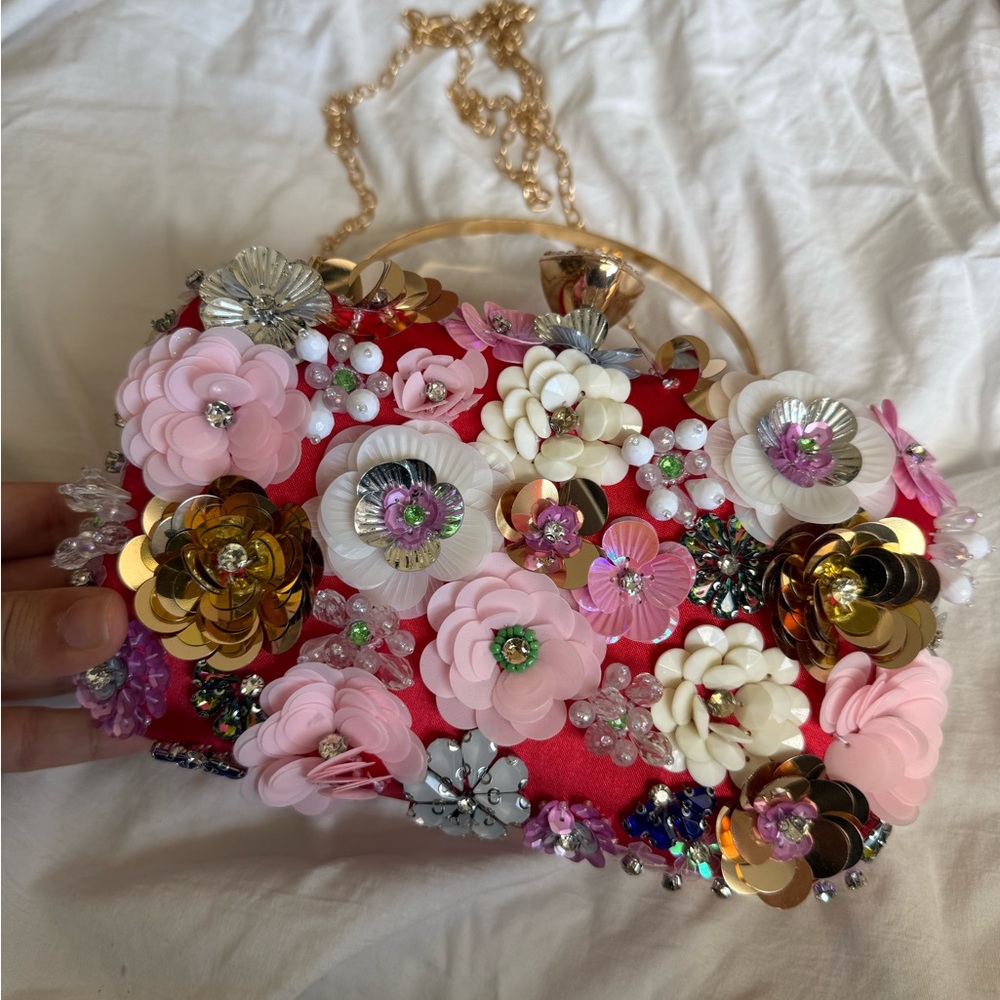 Floral Embellished Red Clutch